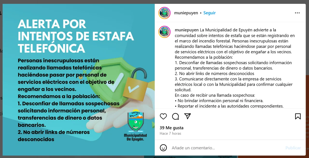 La Municipalidad de Epuyén advierte por intentos de estafa en medio del ...